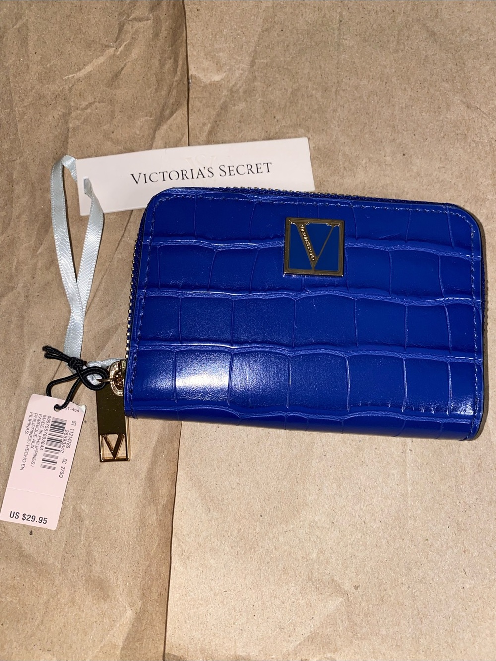 Victoria's Secret Cobalt Croc-Embossed Zip Wallet with Gold Accent